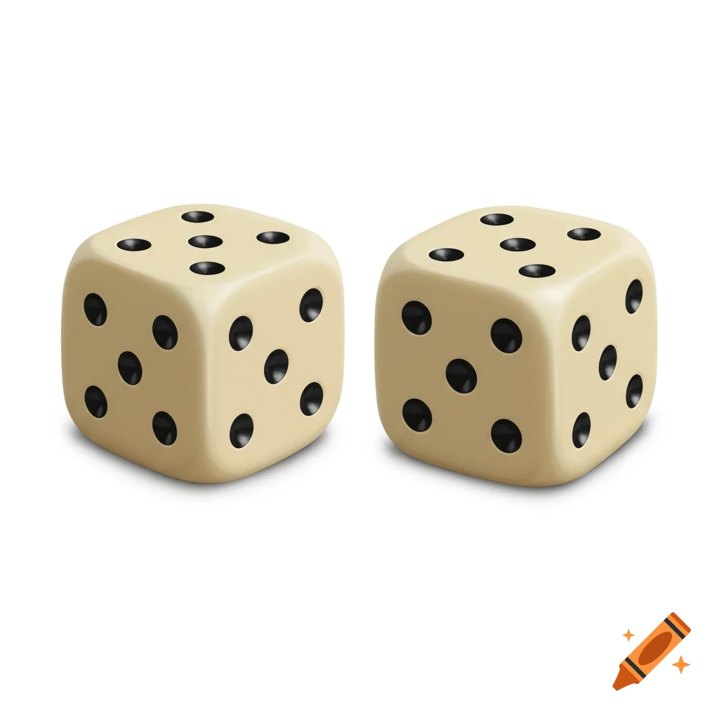 Two cream-colored dice on a white background, one showing a two and the other a five, photorealistic style.