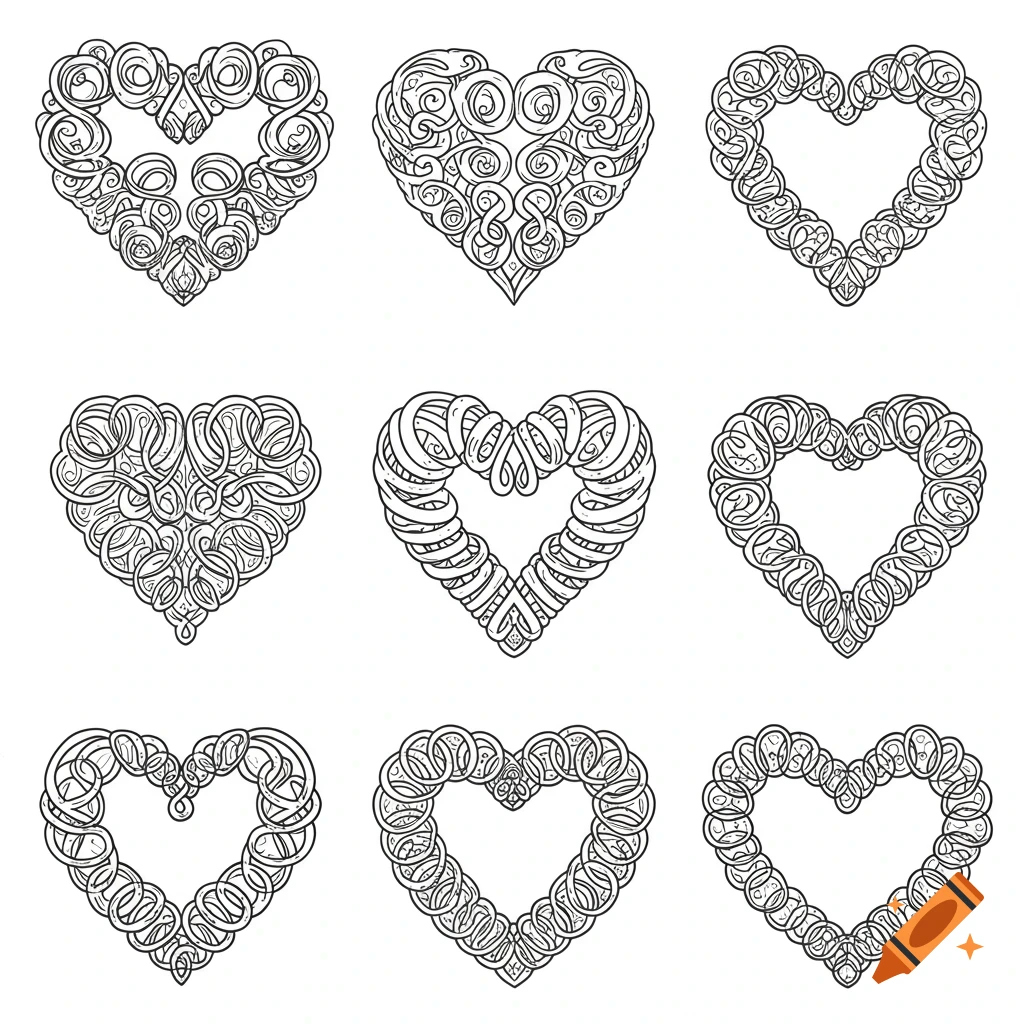 Nine black and white line art hearts, each intricately formed from intertwined, flowing lines and ornate patterns on a white background.