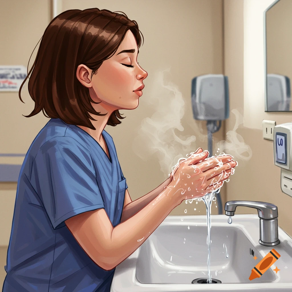 An illustration of a nurse with brown hair in blue scrubs, eyes closed, washing hands in a sink with steam and suds.