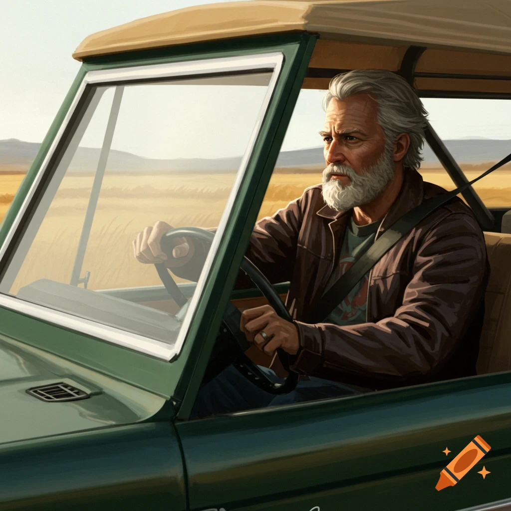 An older man with a white beard driving a vintage green Ford Bronco through a vast, dry landscape.