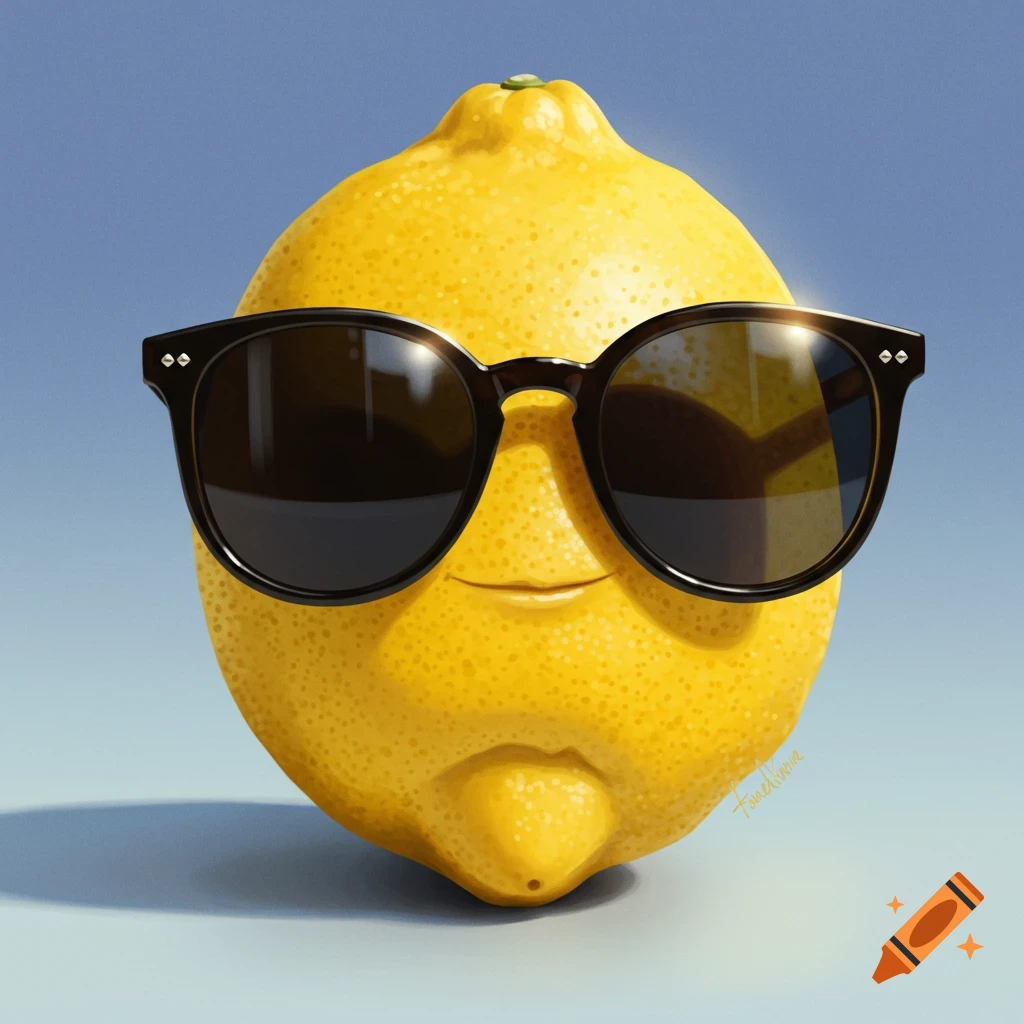 A bright yellow lemon wearing black sunglasses against a light blue background.