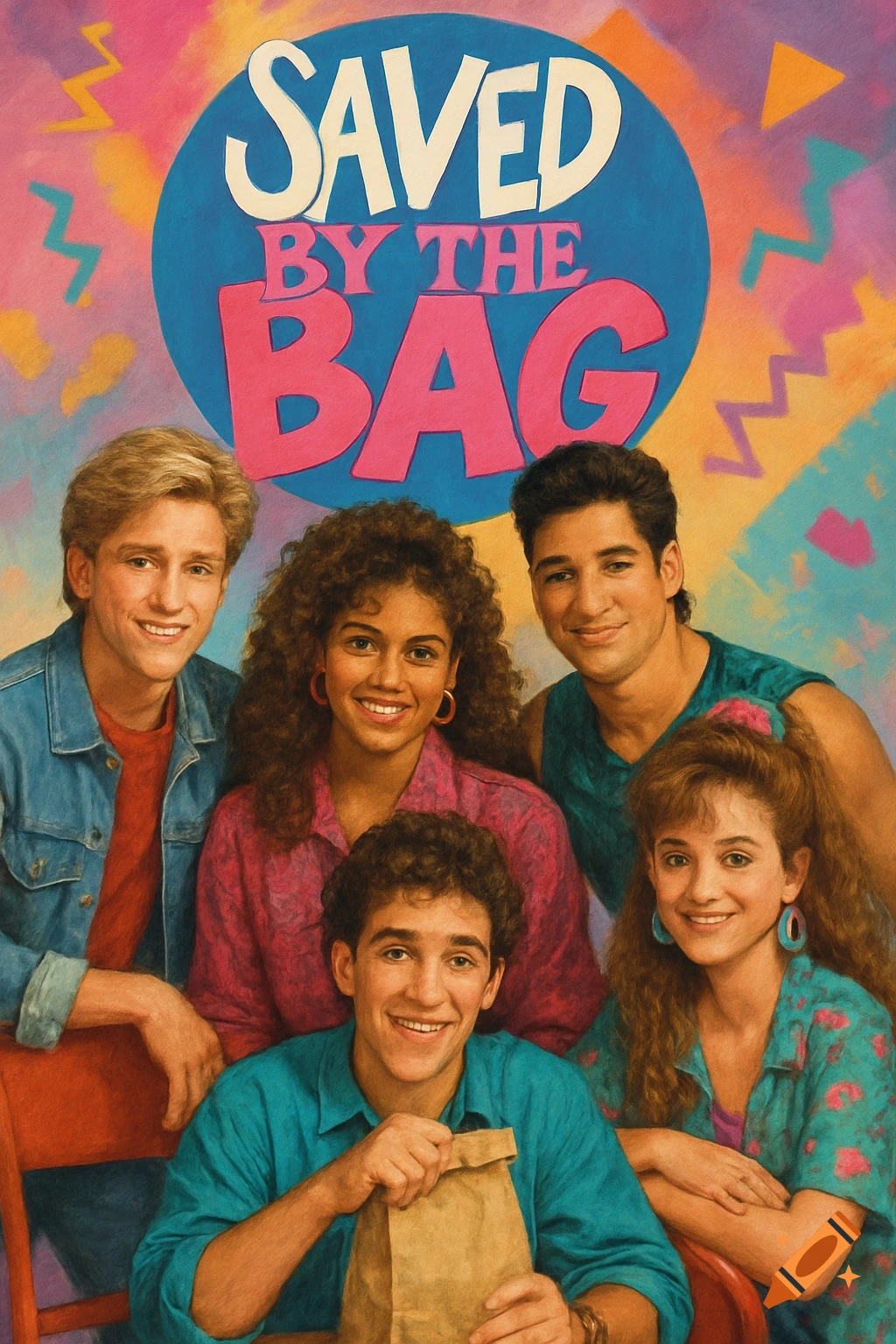 A group of five young people in 80s fashion, smiling for a group portrait under a colorful title 'SAVED BY THE BAG'.