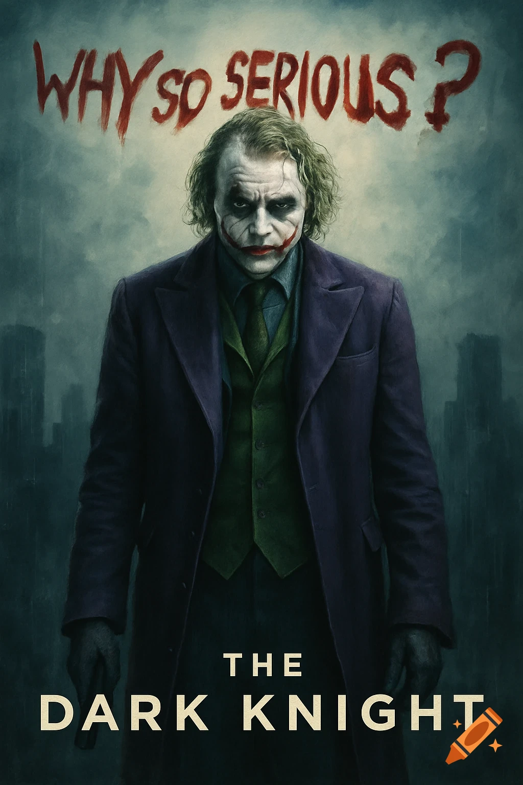 A gritty movie poster illustration of the Joker from The Dark Knight, standing against a dark city backdrop, with "WHY SO SERIOUS ?" written above and "THE DARK KNIGHT" below.