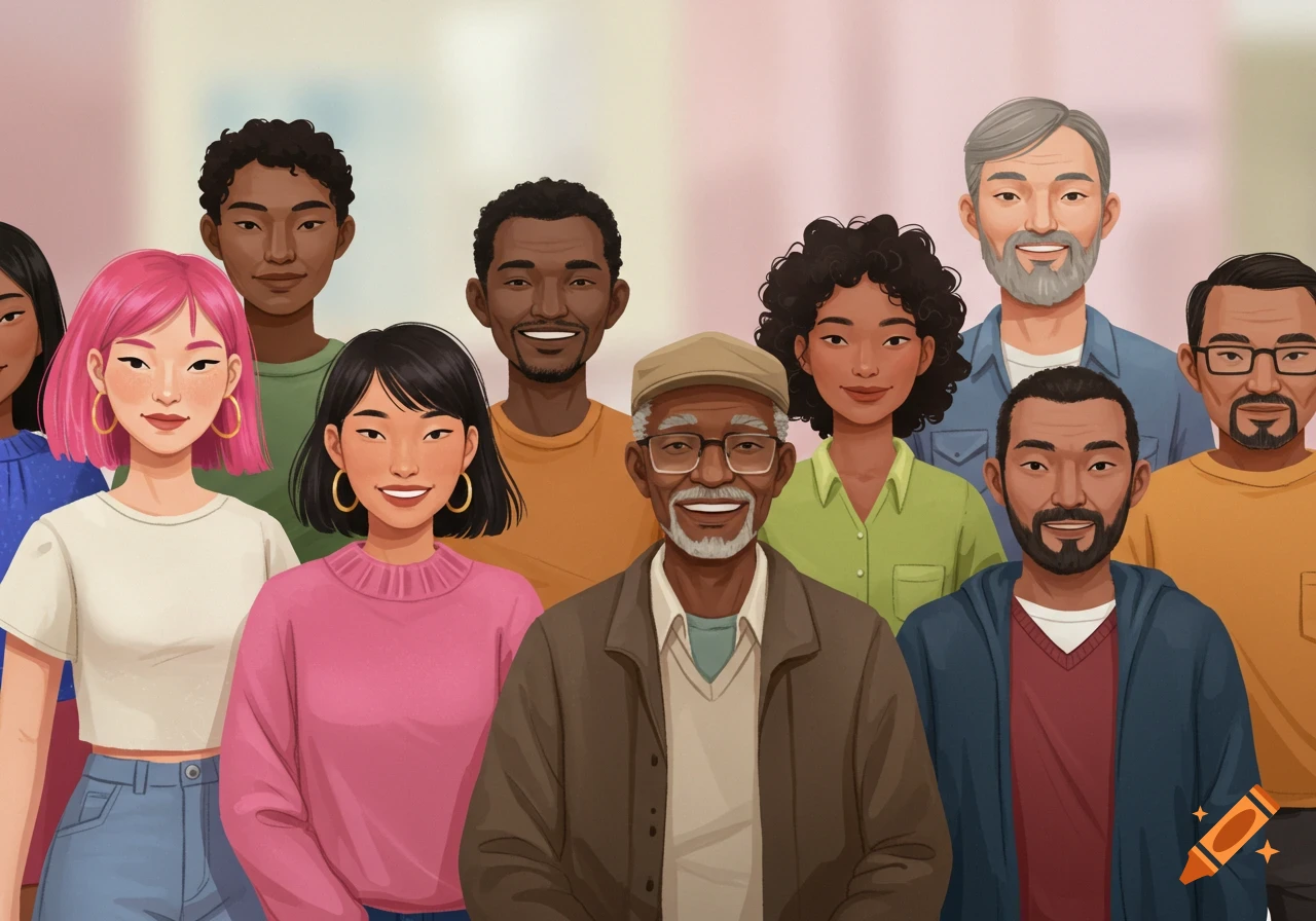 An illustrative group portrait of diverse people of varying ages and ethnicities smiling.