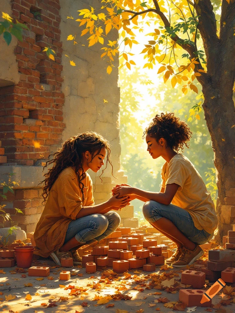Two young women crouch among scattered bricks and fallen autumn leaves, holding hands in warm sunlight.