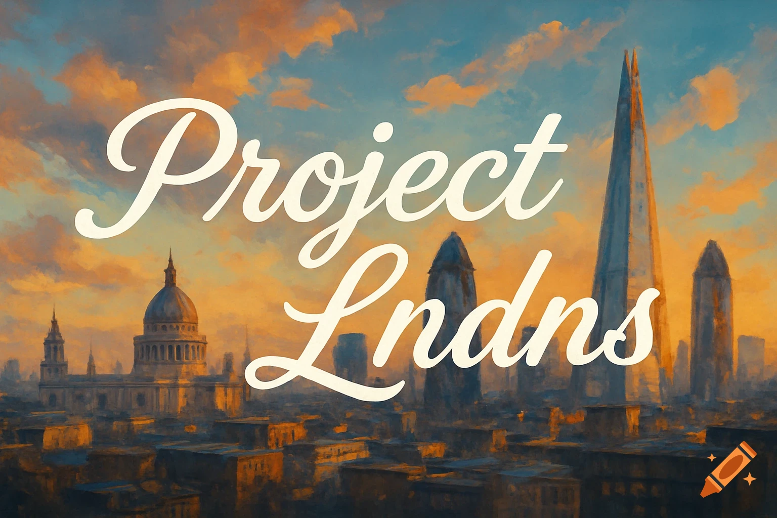 Cursive text 'Project Lndns' over a stylized painting of the London skyline at sunset, featuring St. Paul's Cathedral and The Shard.