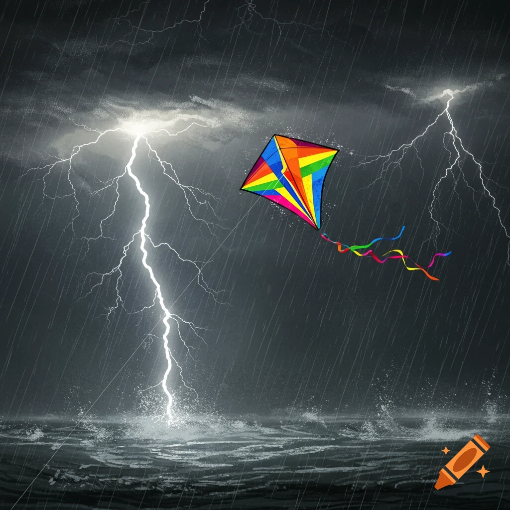A vibrant rainbow-colored kite soars through a dark, stormy sky filled with heavy rain and bright lightning striking the rough ocean.