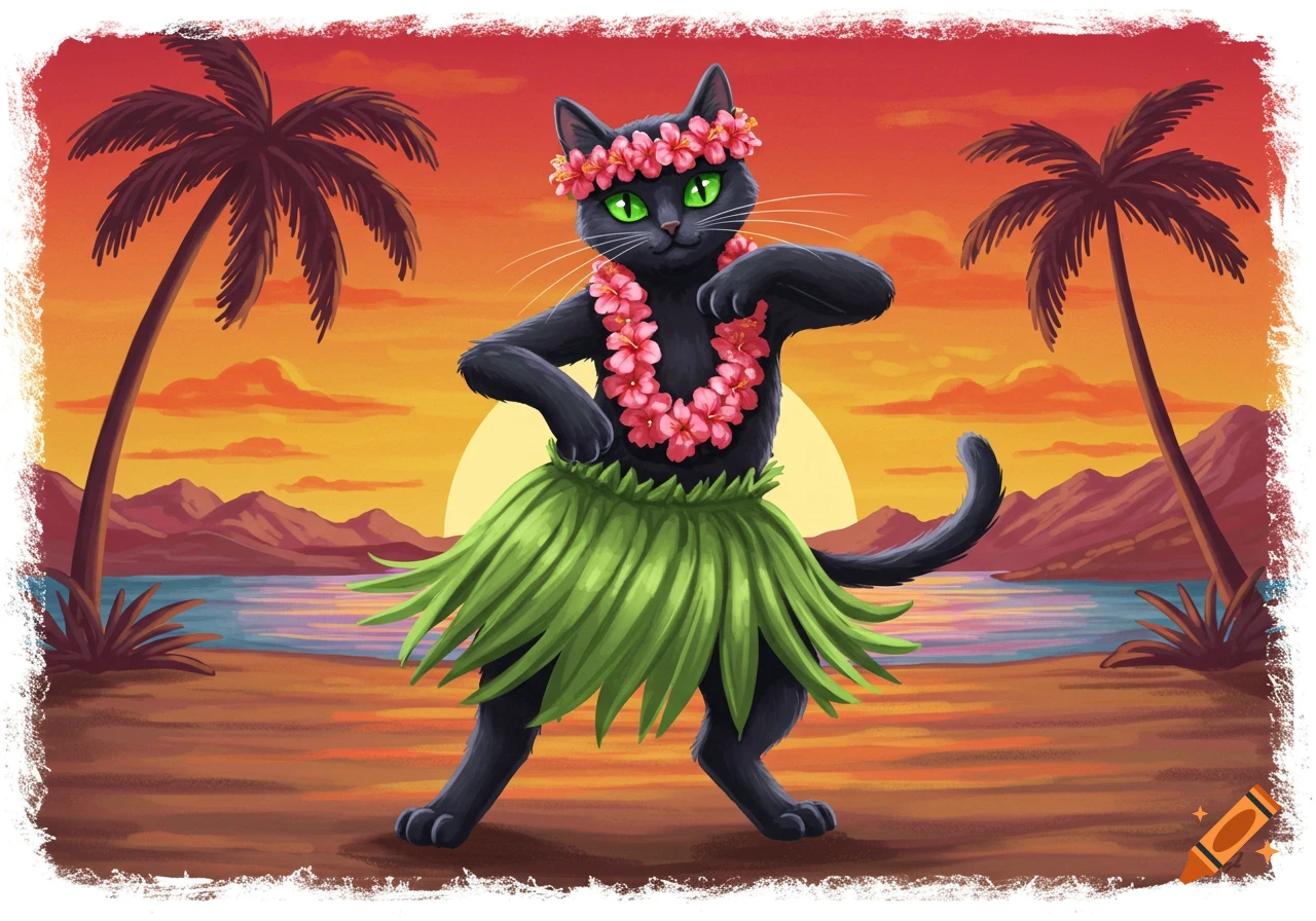 A cartoon black cat with green eyes wearing a lei and hula skirt dances on a tropical beach at sunset, with palm trees and mountains.