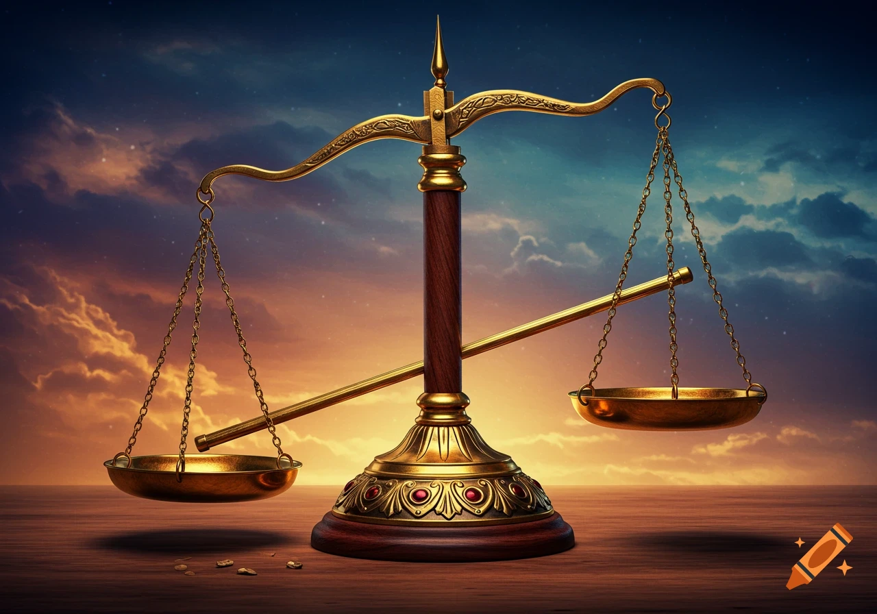 A detailed golden scale of justice with ornate designs, set against a dramatic, cloudy sunset sky on a wooden surface.