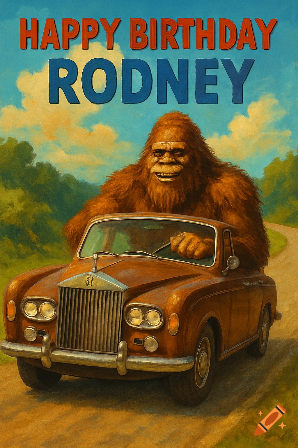 A painterly image of a happy Sasquatch driving a brown Rolls Royce, with 'HAPPY BIRTHDAY RODNEY' text above.