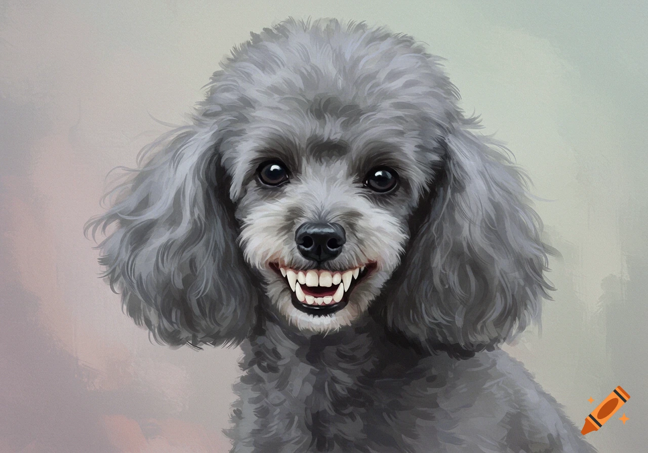 A close-up digital painting of a gray poodle with unsettling human teeth in a wide grin, against a soft background.