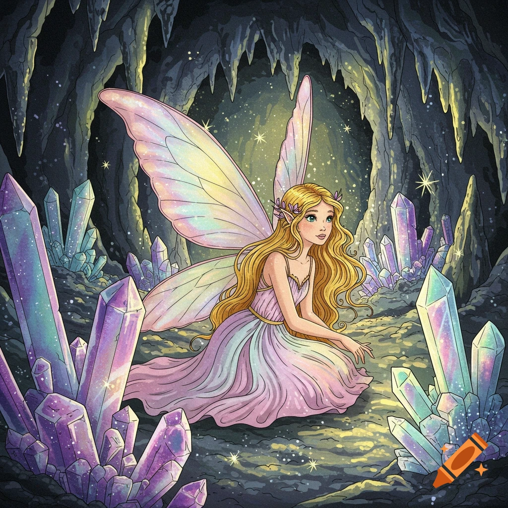 An illustration of a blonde fairy with iridescent wings kneeling in a dark crystal cave filled with glowing purple and blue crystals.