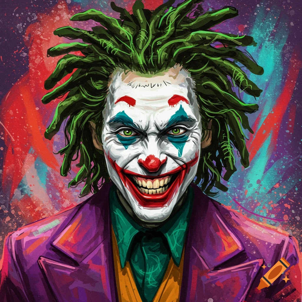 A vibrant, illustrative portrait of the Joker with green dreadlocks, wearing makeup and a purple suit, against a colorful, splattered background.