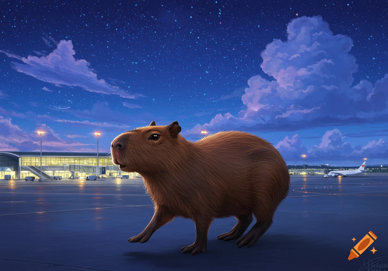 A capybara walking on an airport tarmac at night, with airport buildings, planes, and a starry, cloudy sky in the background.
