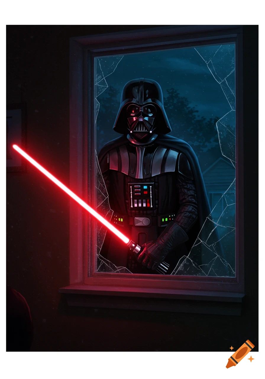 Darth Vader breaking through a shattered window at night, holding a glowing red lightsaber.