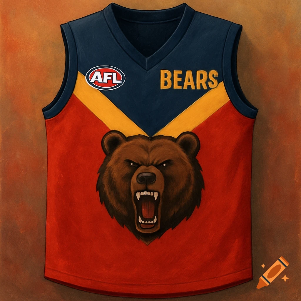 An illustrated AFL sports jersey in dark blue, red, and gold, featuring a roaring brown bear head and the text 'AFL' and 'BEARS'.