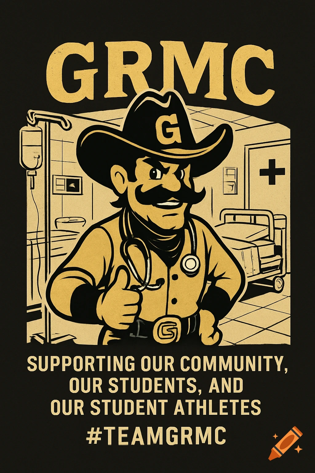 Cartoon cowboy mascot doctor giving a thumbs up in a hospital, with GRMC text and #TEAMGRMC.