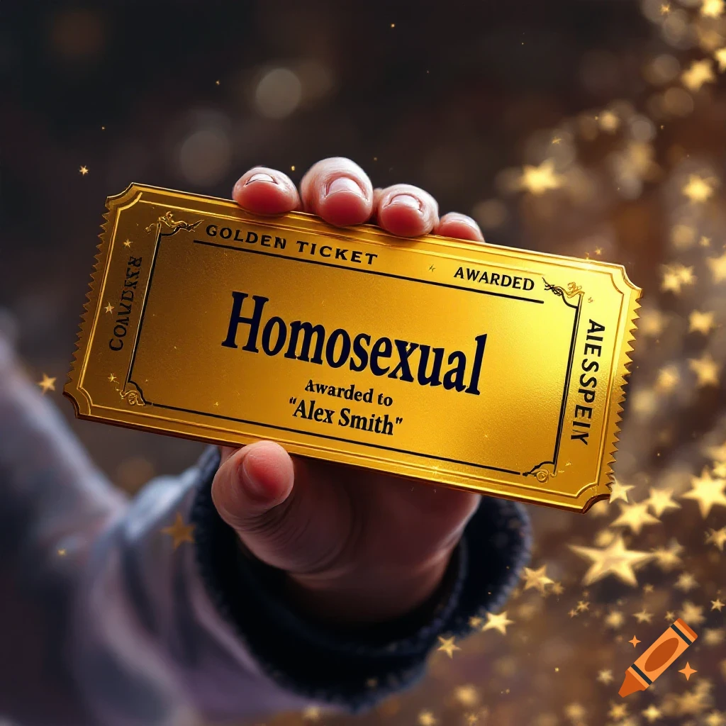 A hand holds a golden ticket that reads "Homosexual" awarded to "Alex Smith", surrounded by sparkling golden stars.