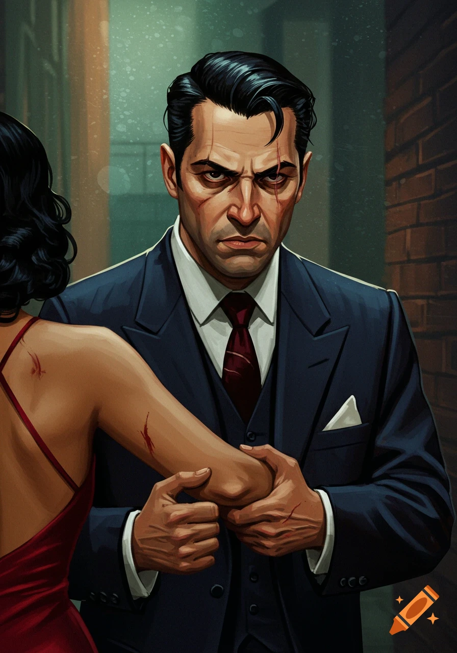 A graphic novel style illustration of a stern man with face scars in a suit holding a woman with scratches on her arm.