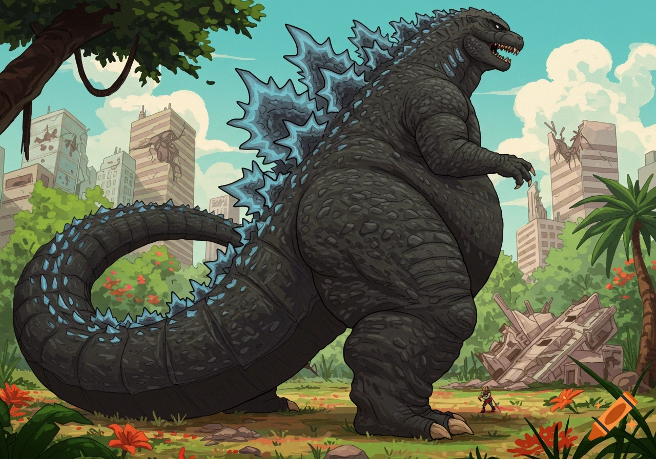 A large, cartoonish Godzilla with blue spikes stands in a ruined city, towering over a tiny human figure in the foreground.