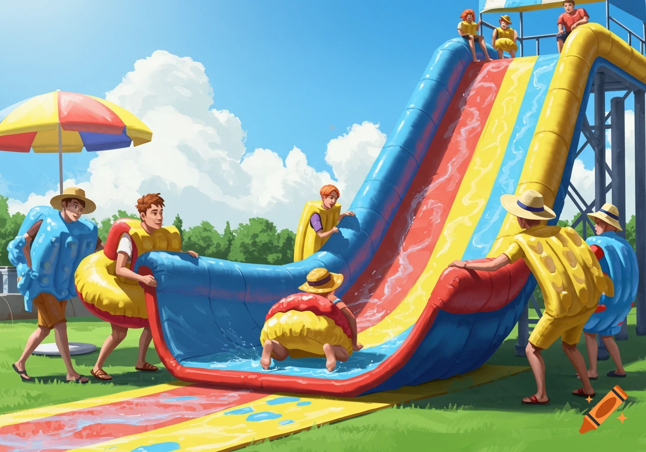 An illustration of people dressed in colorful inflatable waterslide costumes, some folding a large inflatable waterslide on a sunny day.
