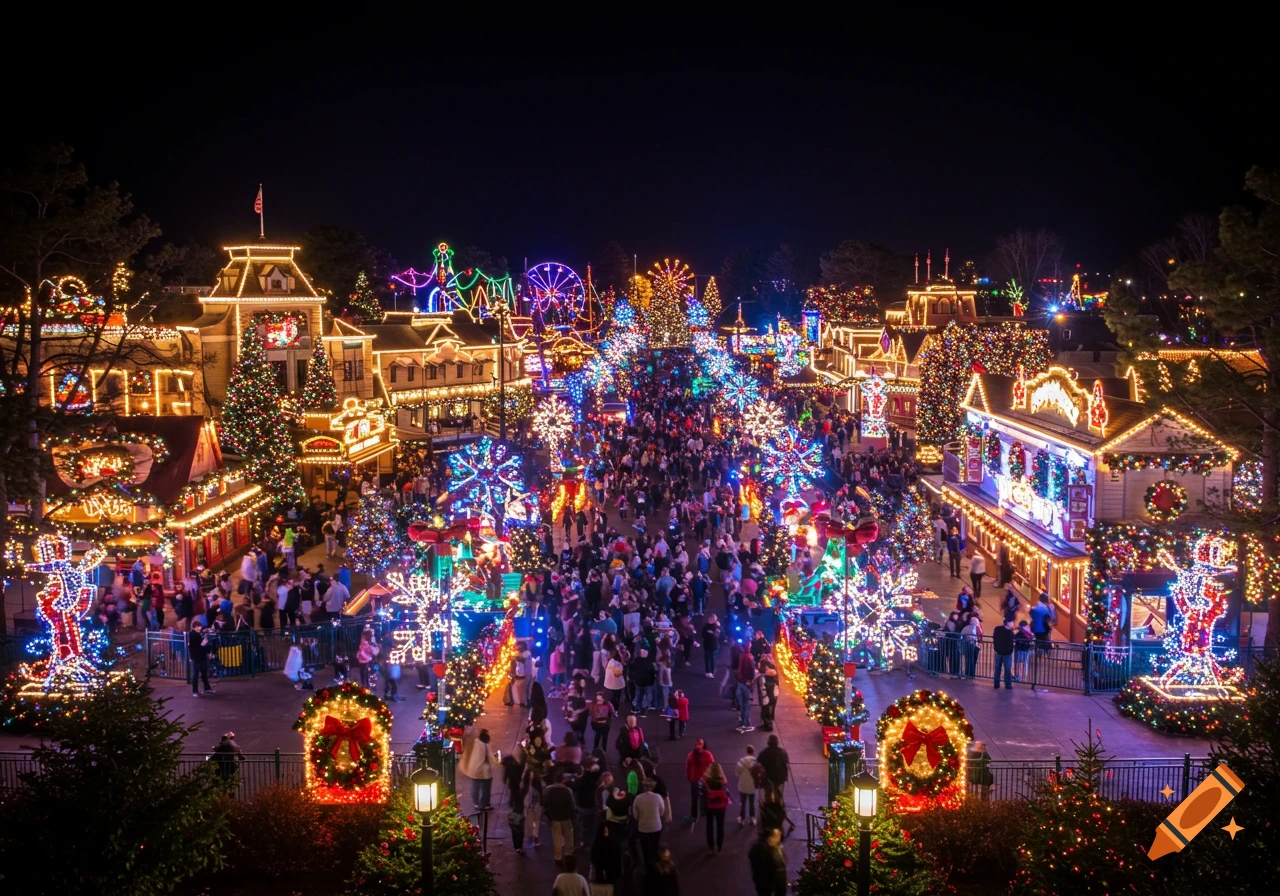 An aerial nighttime photo of a crowded Christmas theme park illuminated with thousands of colorful lights and festive decorations.