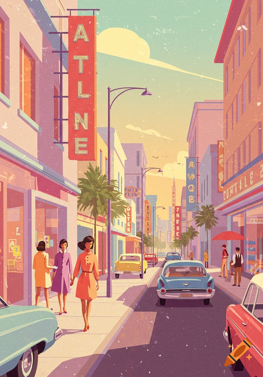 Vintage illustration of a vibrant 1960s city street with classic cars, pedestrians, and buildings under a sunny sky.