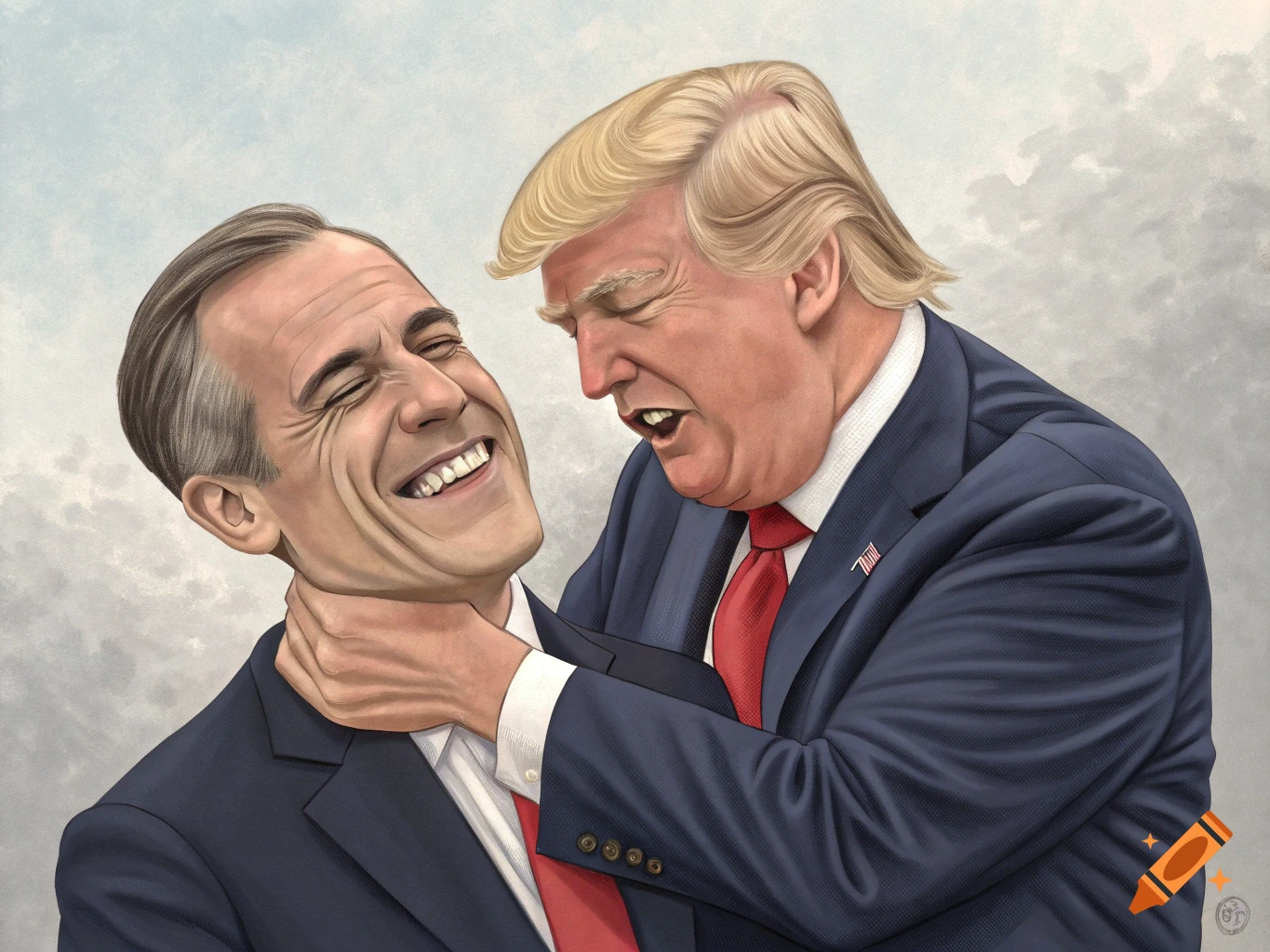 Caricature of Donald Trump choking a smiling Mark Carney in a grey background.