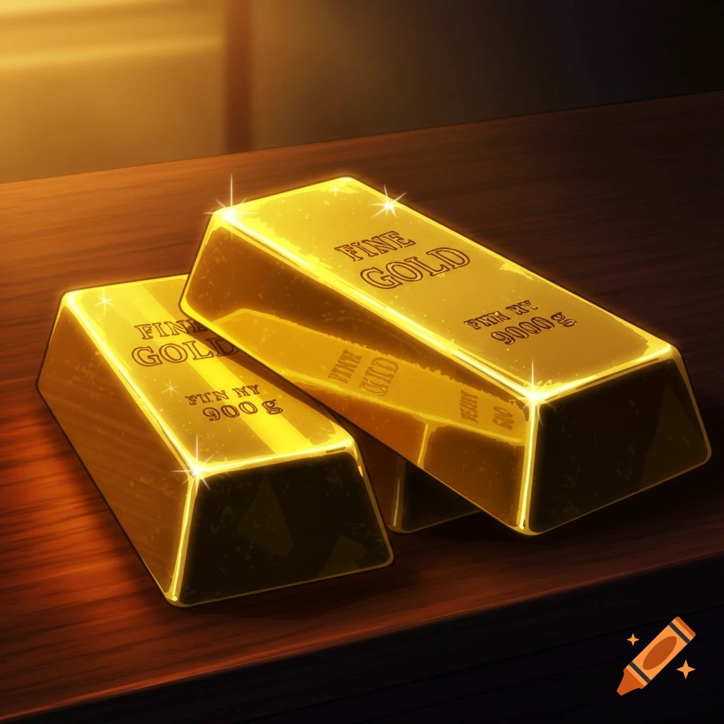 Two shiny gold bars on a wooden surface, rendered in an anime style.