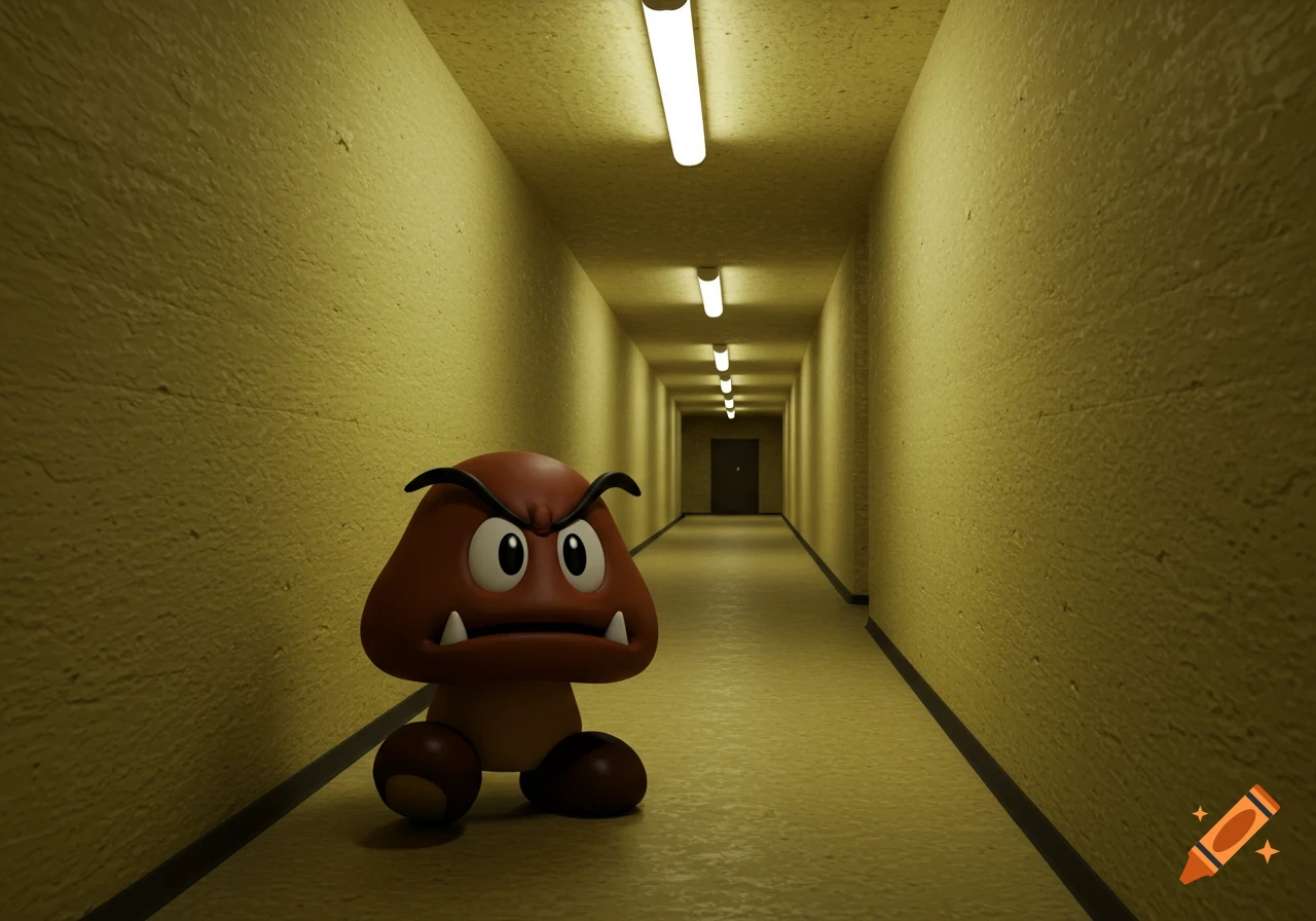 A 3D rendered Goomba character stands in a long, narrow, yellow hallway with fluorescent lights.