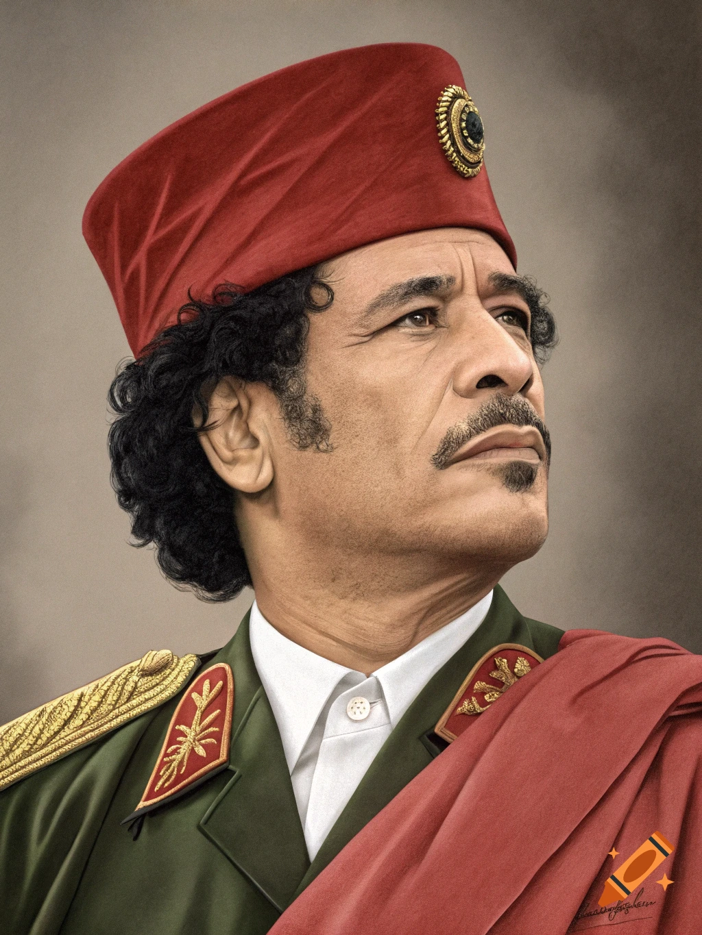 Photorealistic portrait of Muammar Gaddafi in military uniform looking up and to the right.