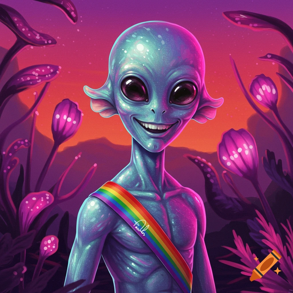 A vibrant illustration of a smiling blue-grey alien wearing a rainbow sash in a purple and orange alien landscape.