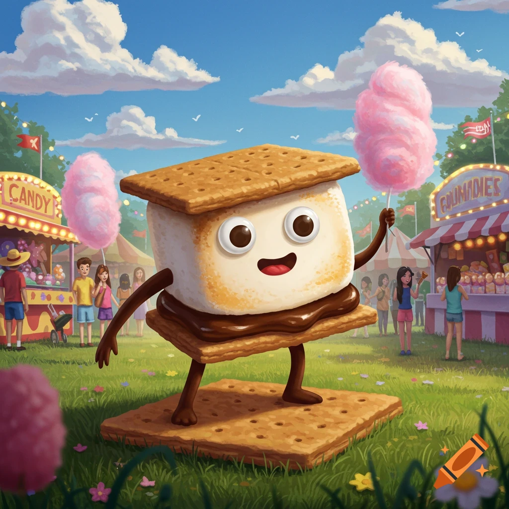 A happy cartoon s'more with arms and legs holds cotton candy at a lively fairground.