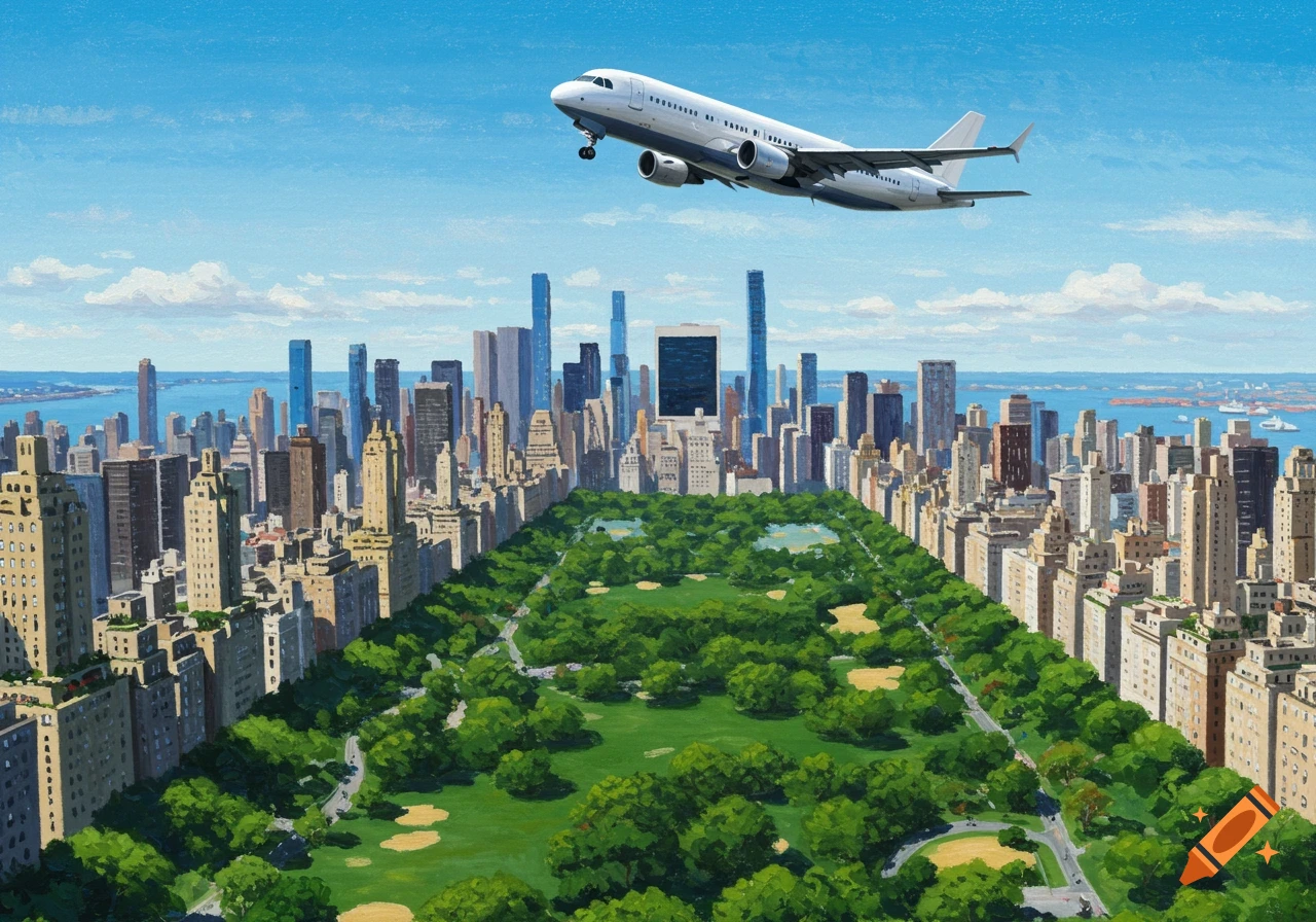 An airplane flies low over Central Park with the New York City skyline visible in the background, in a painted style.