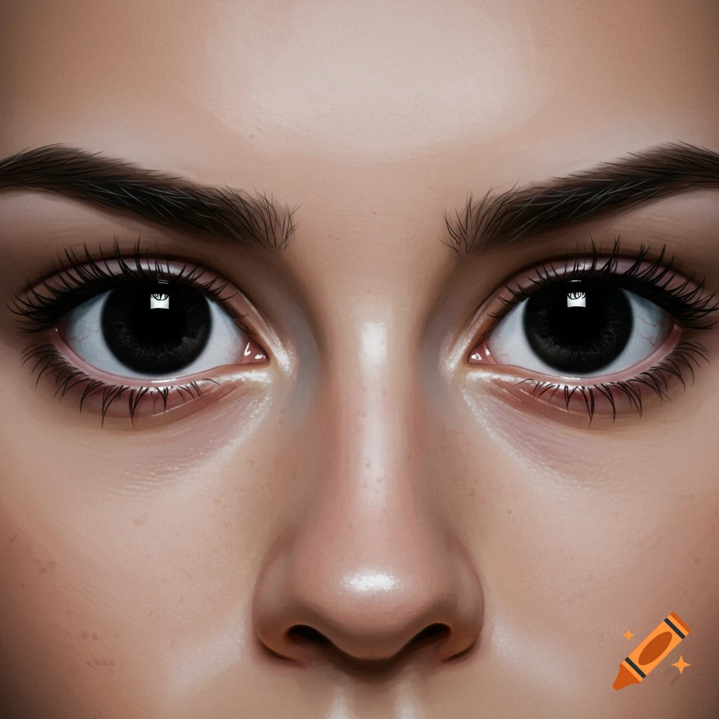 Close-up of human eyes with dark, almost black irises, and the bridge of the nose, rendered in a detailed, photorealistic style.