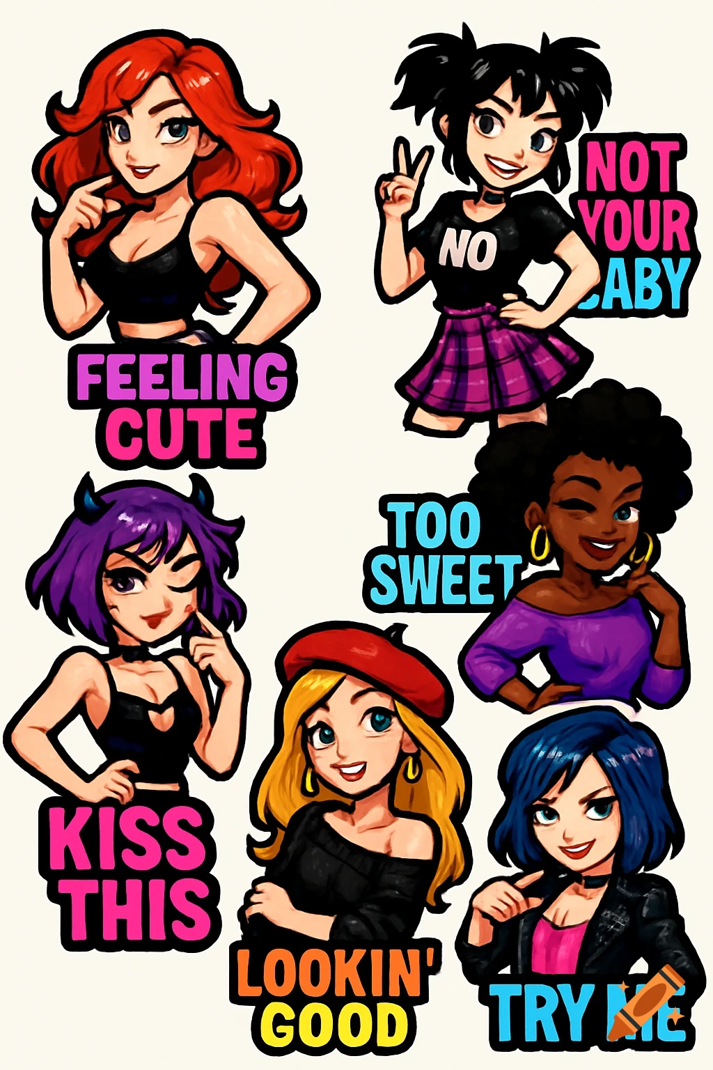 Six confident stylized female characters in cartoon sticker style with various outfits and expressions, each with a playful phrase.
