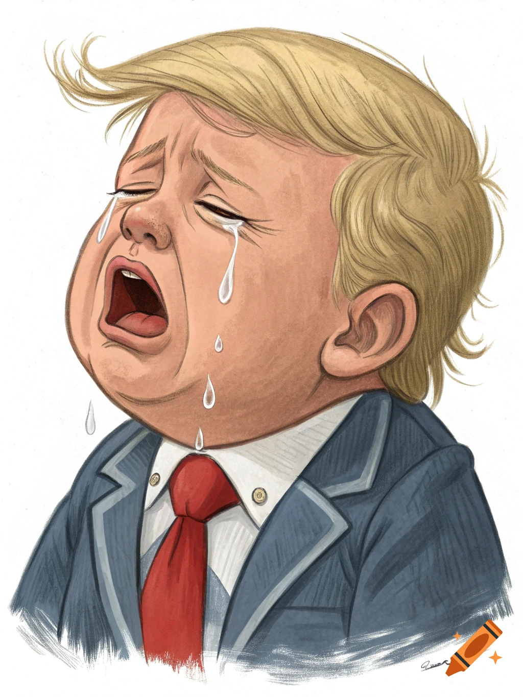 Cartoon illustration of a crying baby caricature of Donald Trump.