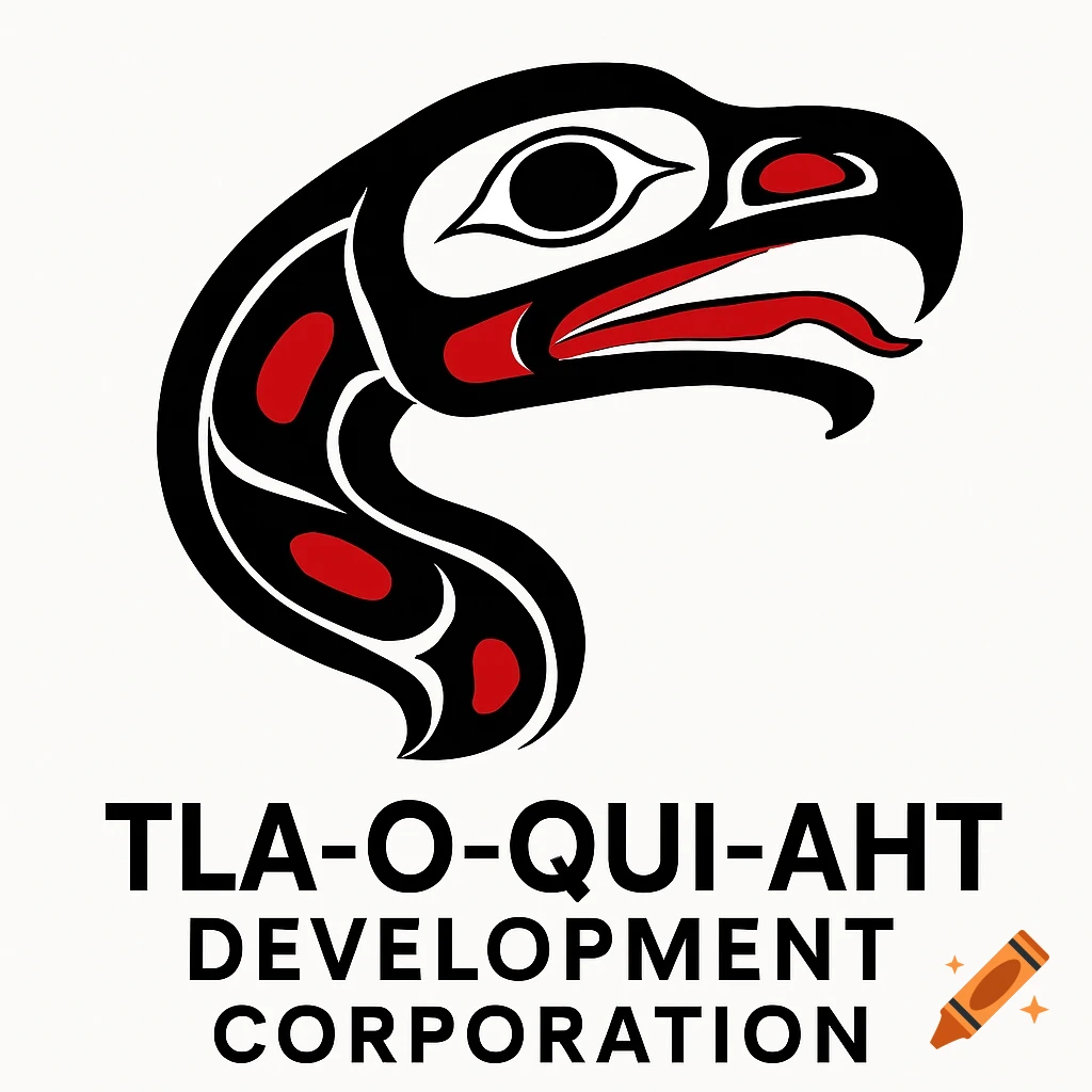 A black and red stylized raven or eagle head in Indigenous art style, with 'TLA-O-QUI-AHT DEVELOPMENT CORPORATION' text.