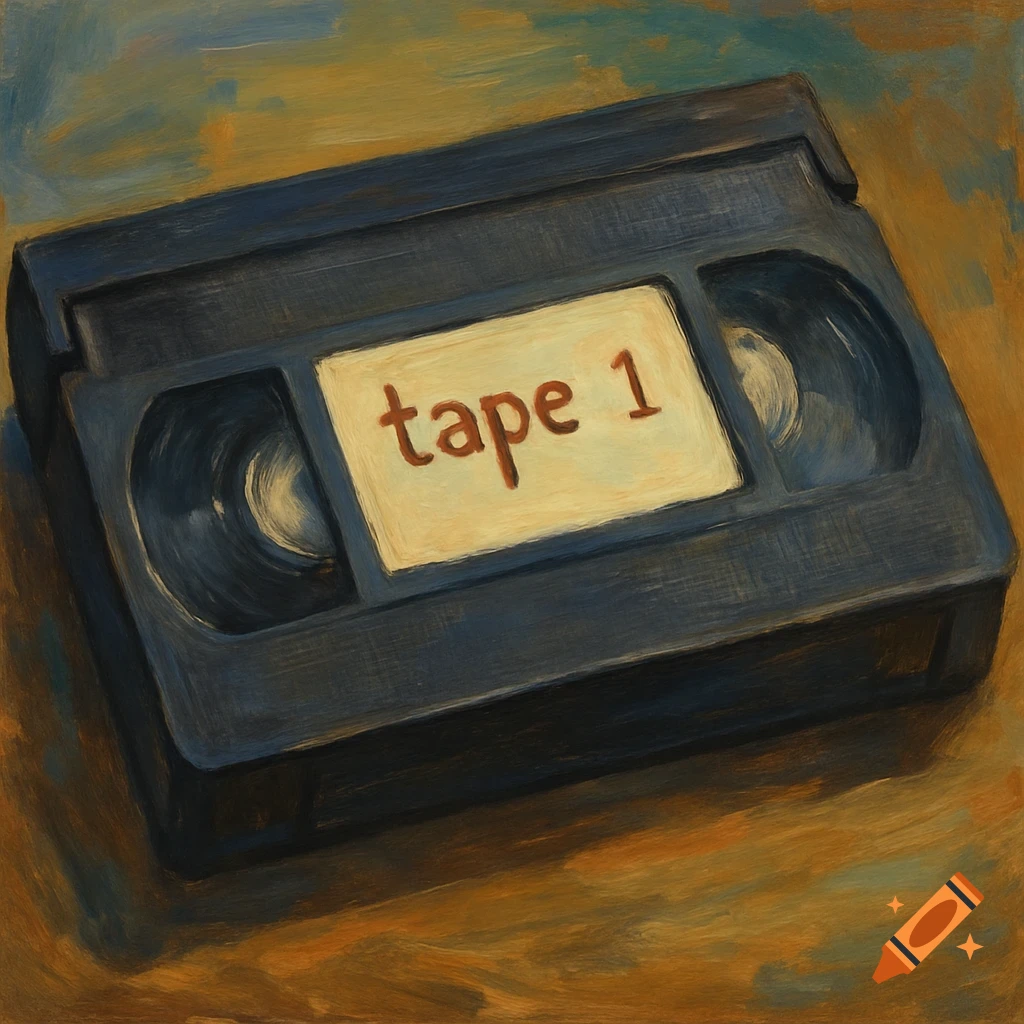A dark blue VHS tape with 'tape 1' written on its label, in a painterly style.