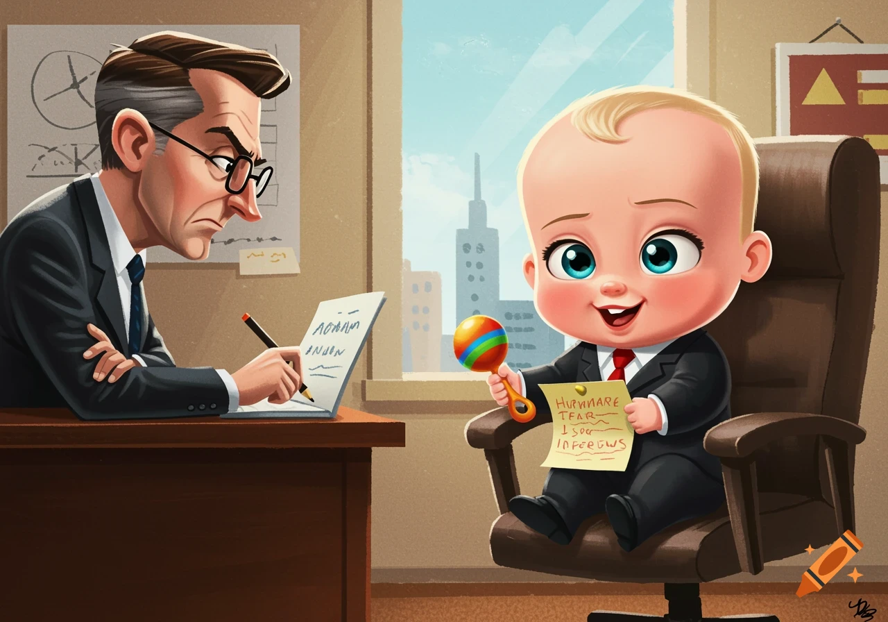 A cartoon baby in a suit sits across from a man writing at a desk in an office, holding a rattle and a paper.