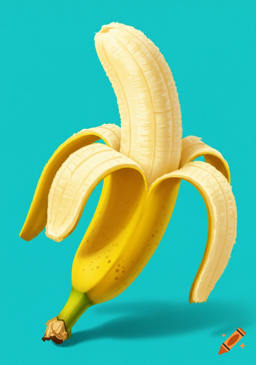 A vibrant yellow banana, partially peeled, stands against a bright teal background.
