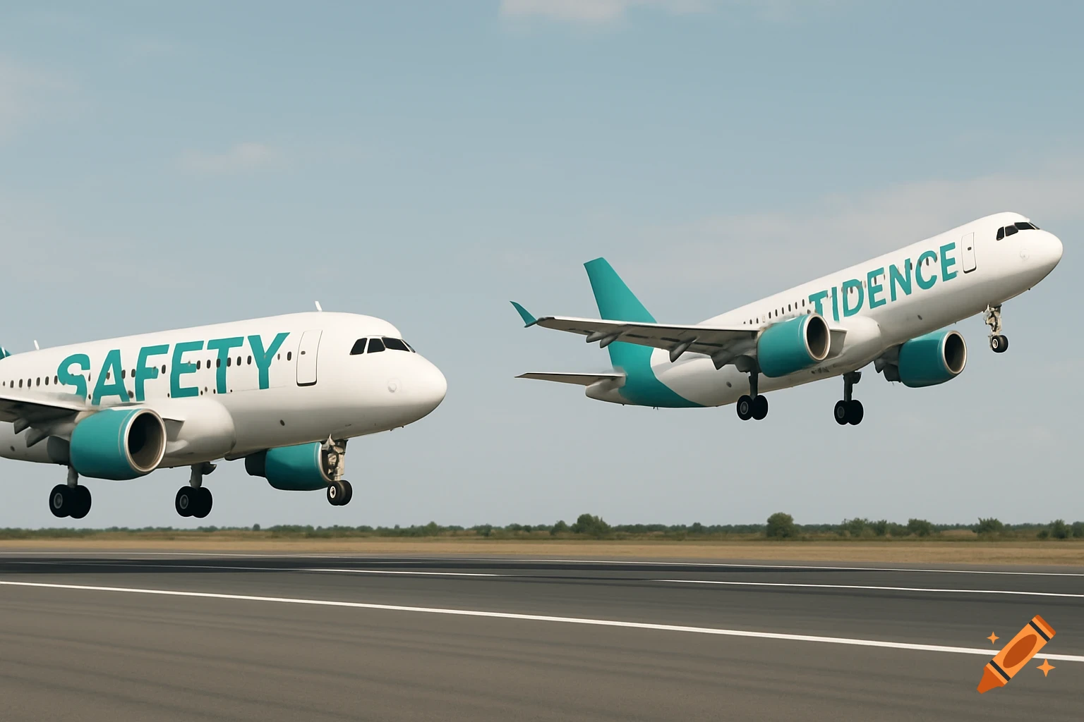 Two white and teal airplanes on a runway; one landing with 'SAFETY' on its side, the other taking off.