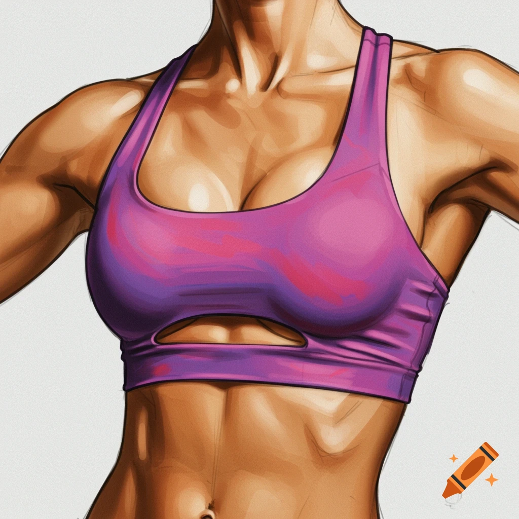 Illustration of a muscular female torso wearing a purple sports bra.