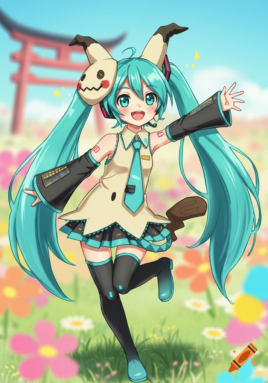 A cheerful anime girl with long blue pigtails and a Mimikyu mask on her head stands in a colorful flower field with a red torii gate in the background.