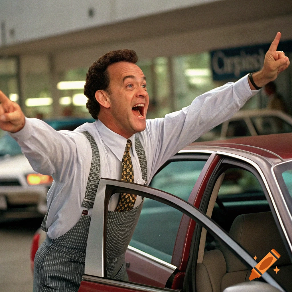 A man with curly hair and a wide grin leans out of a red car, arms outstretched and pointing, wearing a light shirt and suspenders. Photorealistic image.