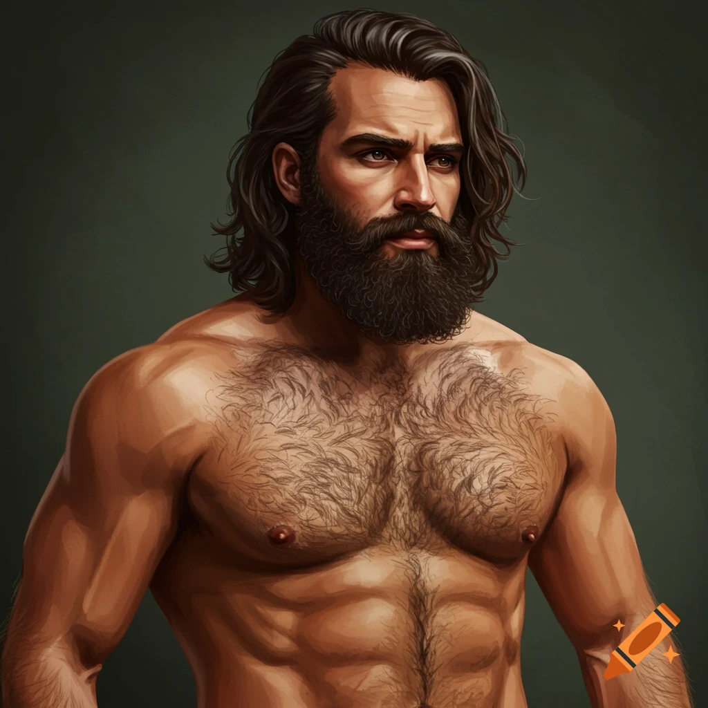 Digital painting of a muscular man with a full beard, long dark hair, and a hairy chest, looking to the side.