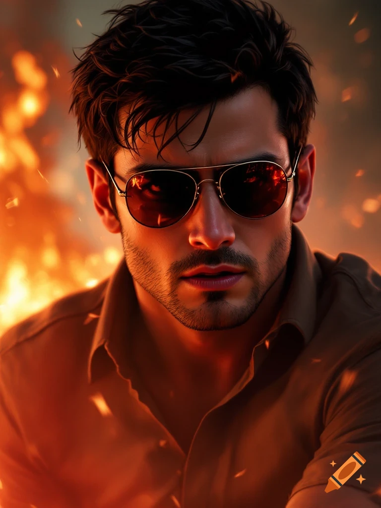 A photorealistic portrait of a man with dark hair and a beard, wearing aviator sunglasses, against a fiery, blurred background. The sunglasses reflect the fire.