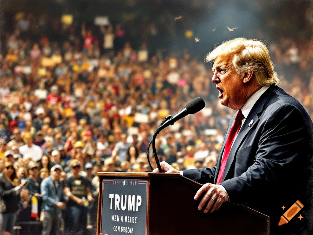 Photorealistic image of Donald Trump speaking at a podium to a large, blurred crowd in an arena.