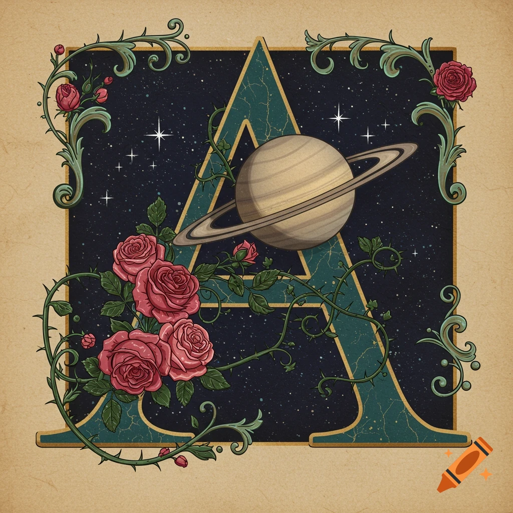 A decorative capital letter A with Saturn and stars on a night sky background, entwined with red roses and thorny vines, set on aged parchment.
