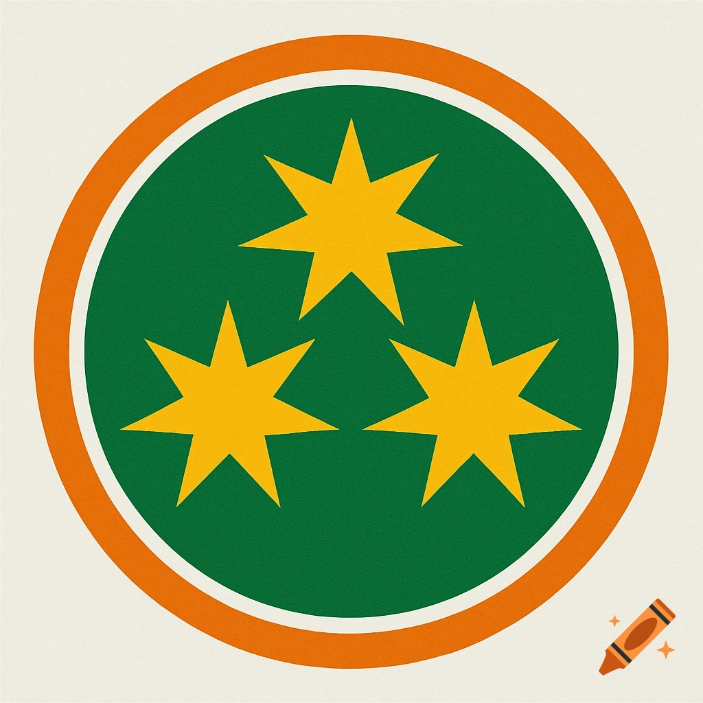 A green circle emblem with three golden yellow seven-pointed stars, bordered by white and orange rings.